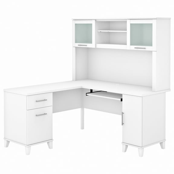 Bush Furniture Somerset 60 in L Desk with Hutch, Keyboard Tray, File and Storage in White