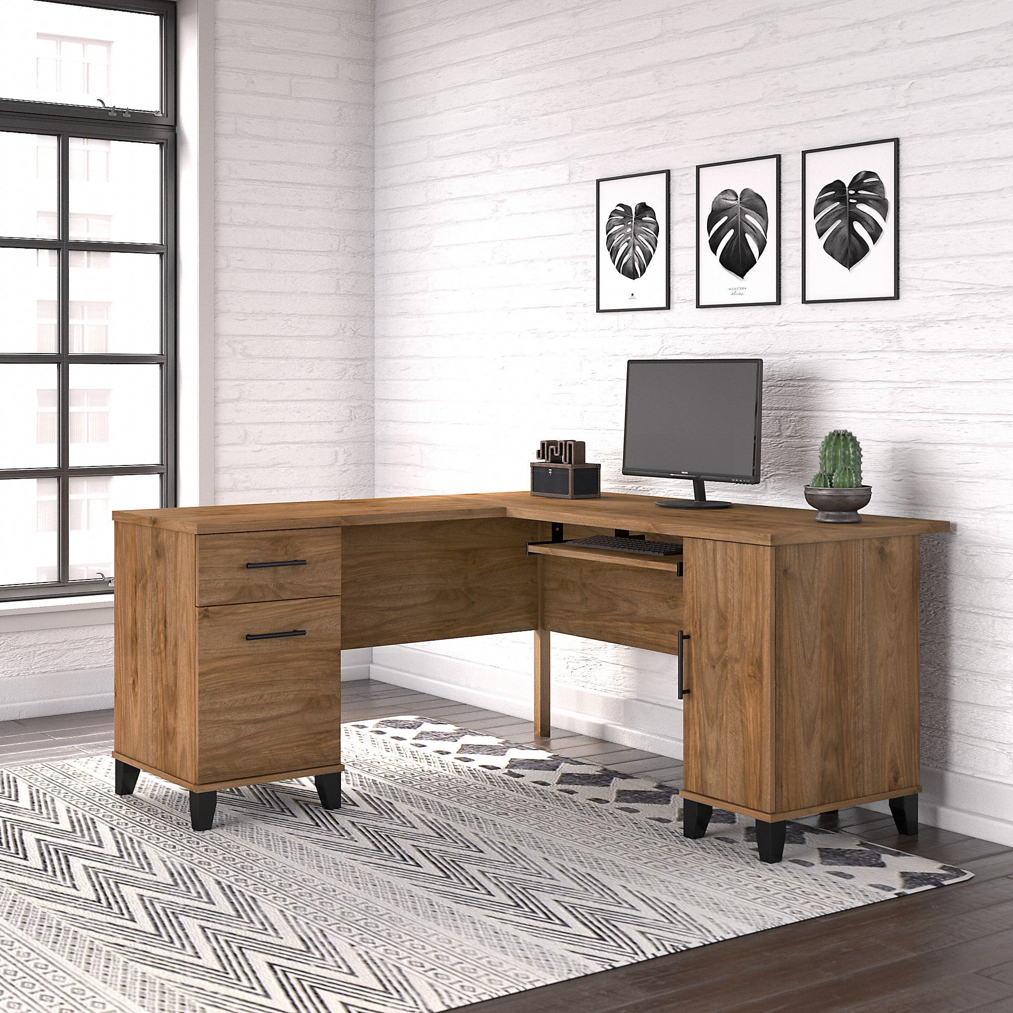 Bush Furniture Somerset 60 in L Desk with Keyboard Tray, File Drawer, Box Drawer and Storage Cabinet in Fresh Walnut (Ships in 2 Boxes)