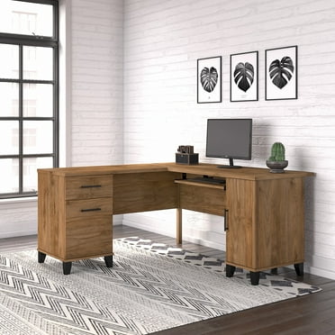 Bush Furniture Somerset 60 in L Desk with Keyboard Tray, File Drawer, Box Drawer and Storage Cabinet in Fresh Walnut (Ships in 2 Boxes)