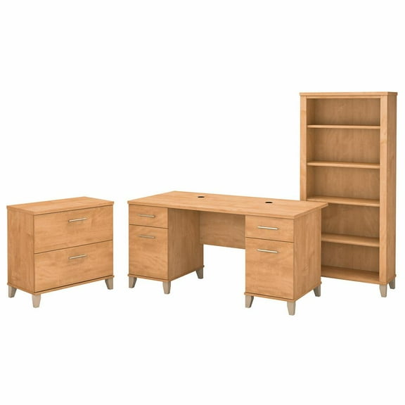 Bush Furniture Somerset 60W Office Desk with Cabinet & Bookcase in Maple Cross