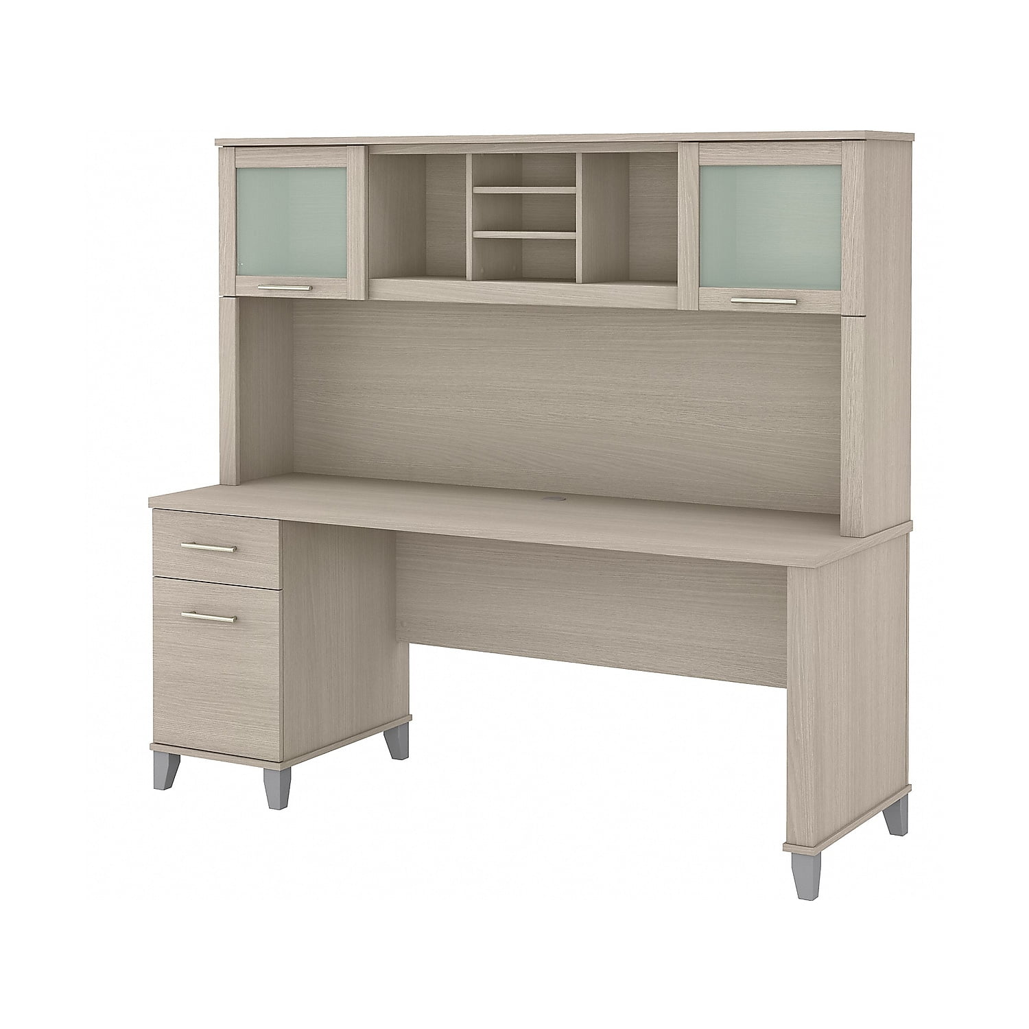 Transitional Sand Oak Engineered Wood Desk with Hutch and Adjustable Height
