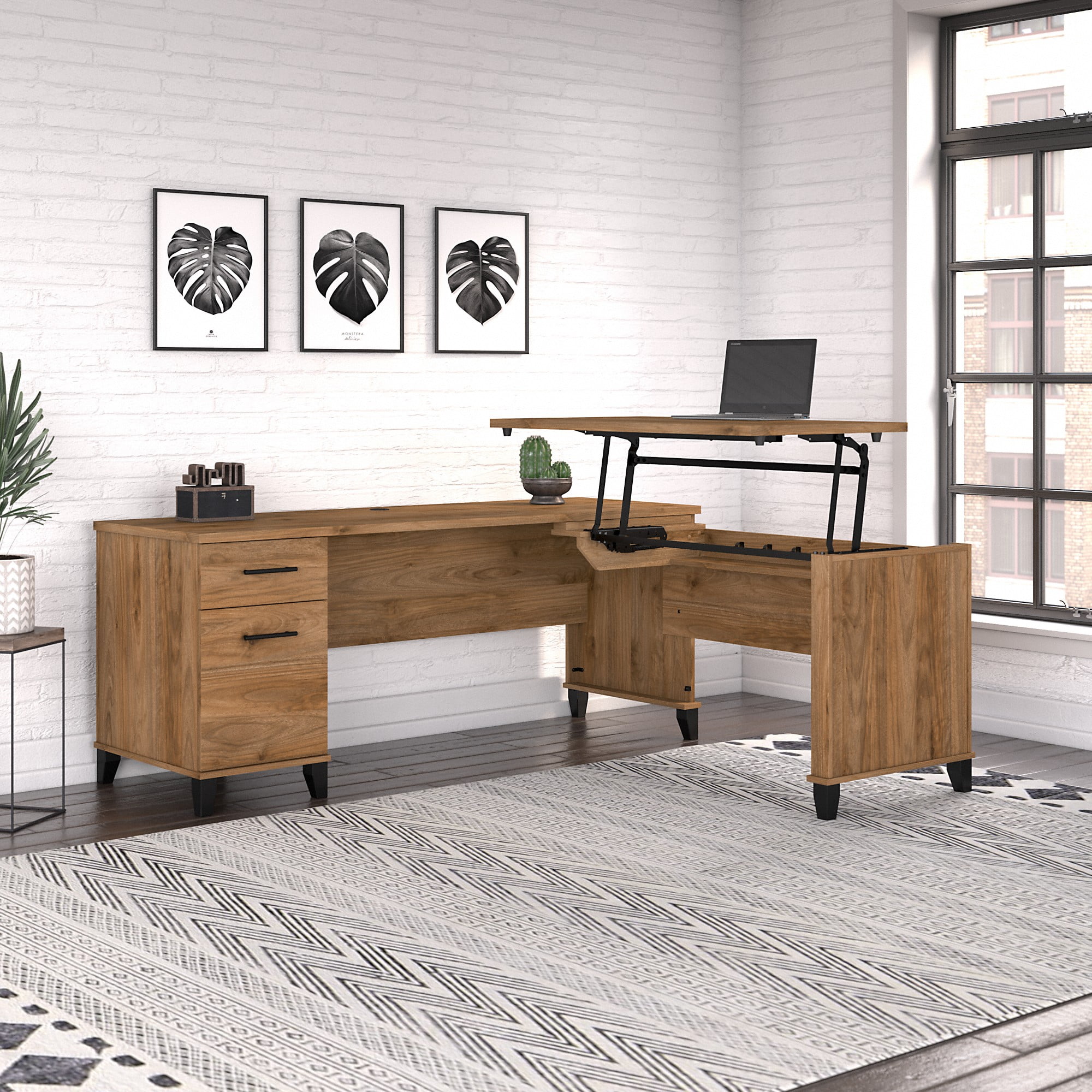Bush Furniture Somerset 72W 3 Position Sit to Stand L Shaped Desk in Fresh Walnut
