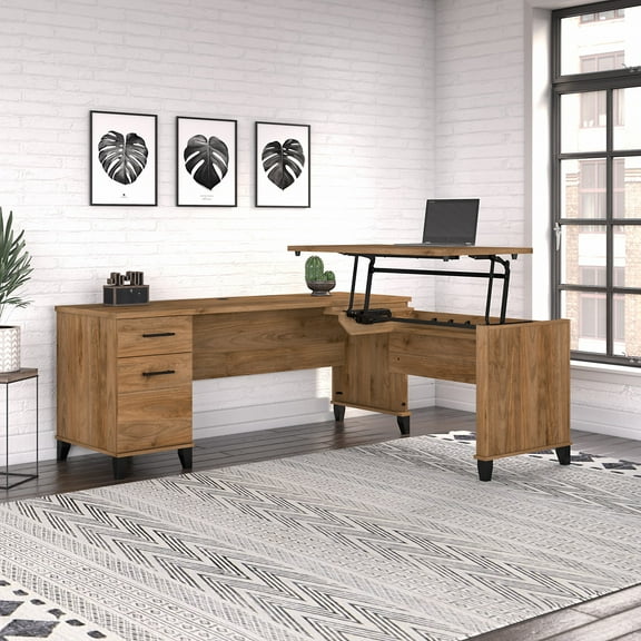 Bush Furniture Somerset 72 in L Desk with Adjustable Height - 3 Position Sit to Stand Option in Fresh Walnut