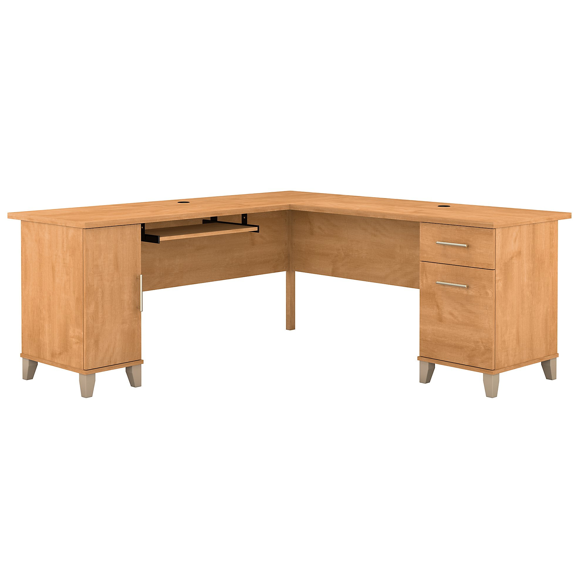 Maple Cross Corner Computer Desk with Filing Cabinet and Keyboard Tray