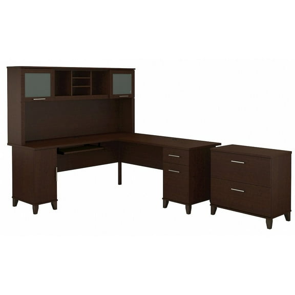Bush Furniture Somerset 72W L Shaped Desk with Hutch and File Cabinet in Mocha Cherry