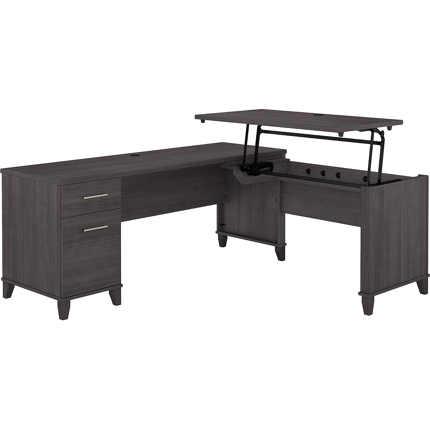 Storm Gray 71'' Wood L-Shaped Sit to Stand Desk with Drawers