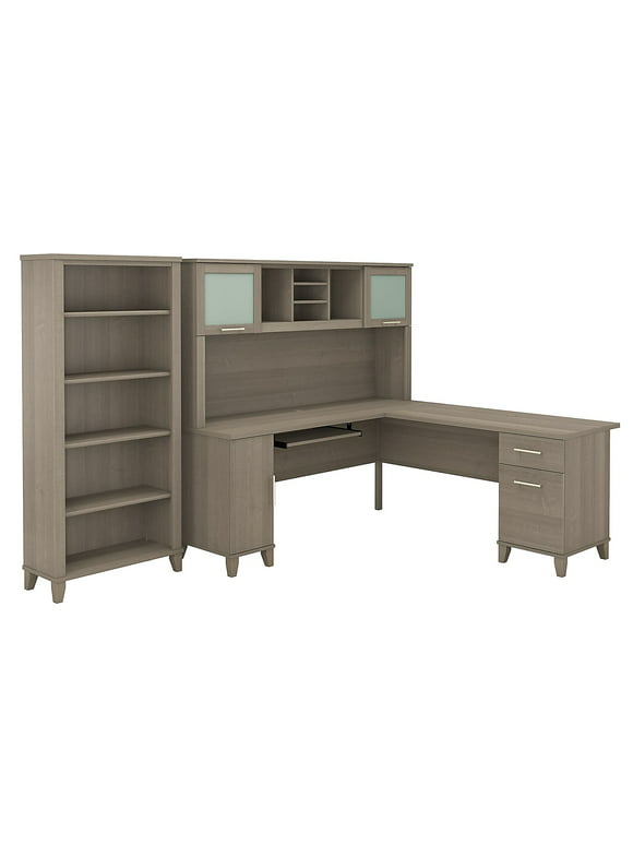 Bush Furniture Somerset 72W Wood L Desk with Hutch & 5 Shelf Bookcase Gray
