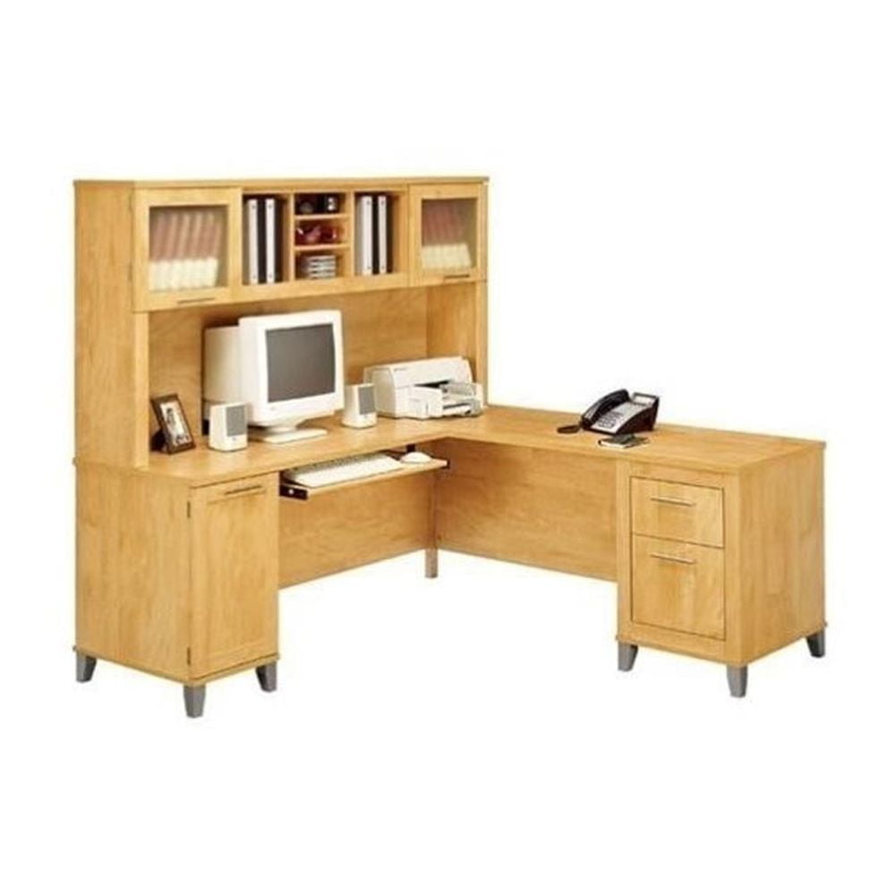 Gray Maple Wood L-Shaped Desk with Filing Cabinet and Drawer