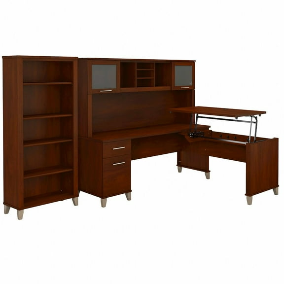 Bush Furniture Somerset Sit Stand L Desk with Hutch & Bookcase in Cherry