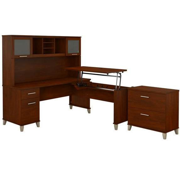 Bush Furniture Somerset Sit Stand L Desk with Hutch & Cabinet in Cherry