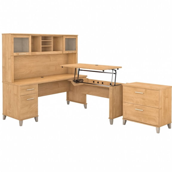 Bush Furniture Somerset Sit Stand L Desk with Hutch & Cabinet in Maple