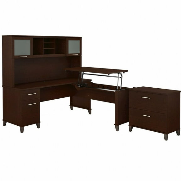 Bush Furniture Somerset Sit to Stand L Desk with Hutch and Cabinet in Cherry