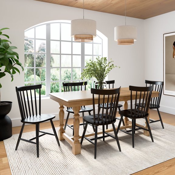 Bush Furniture Sterling 67W Squire Trestle Dining Table with 6 High Back Spindle Dining Chairs in Natural Honey Brown and Black