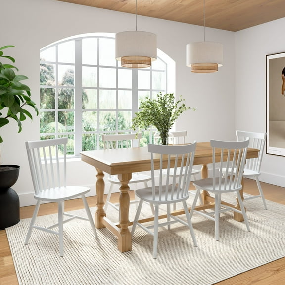 Bush Furniture Sterling 67W Squire Trestle Dining Table with 6 High Back Spindle Dining Chairs in Natural Honey Brown and White