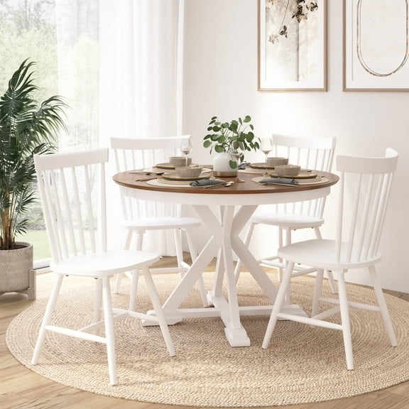 Bush Furniture West End 45W Round Trestle Dining Table with 4 High Back Spindle Dining Chairs in Burnished Medium Brown and White