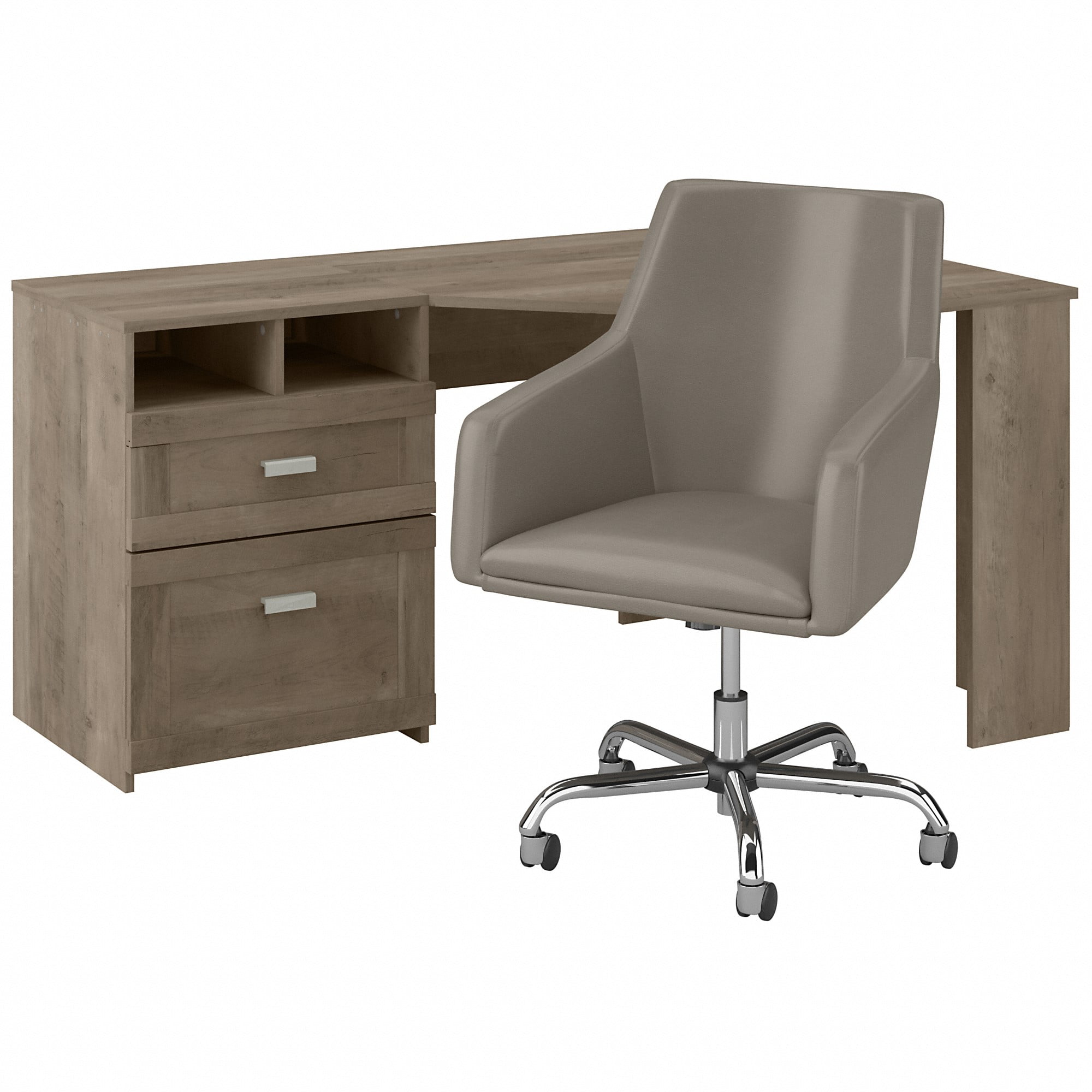 Bush Furniture Wheaton 60W Reversible Corner Desk and Chair Set in Driftwood Gray