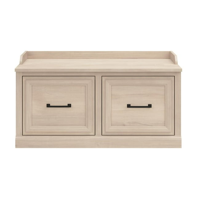 Bush Furniture Woodland 40W Shoe Storage Bench with Doors in White Washed Maple