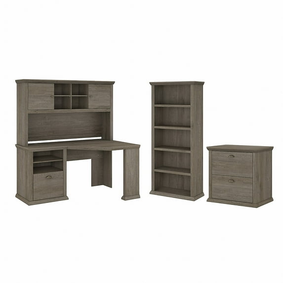 Bush Furniture Yorktown 60W Corner Desk with Hutch, Lateral File Cabinet and 5 Shelf Bookcase