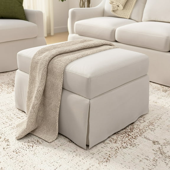 Bush Home Harper Storage Ottoman with Tray and Slipcover in Ivory Basketweave Fabric
