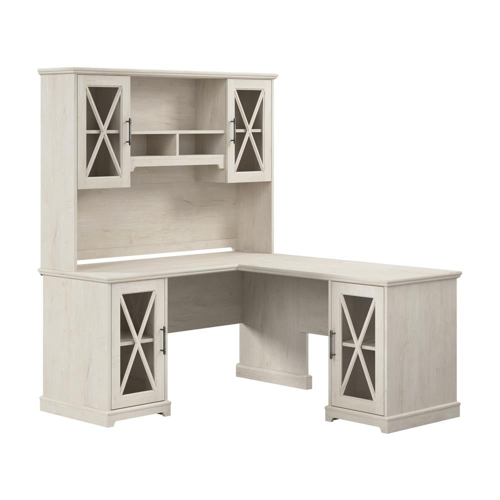 Linen White Oak L-Shaped Corner Desk with Hutch and Filing Cabinet