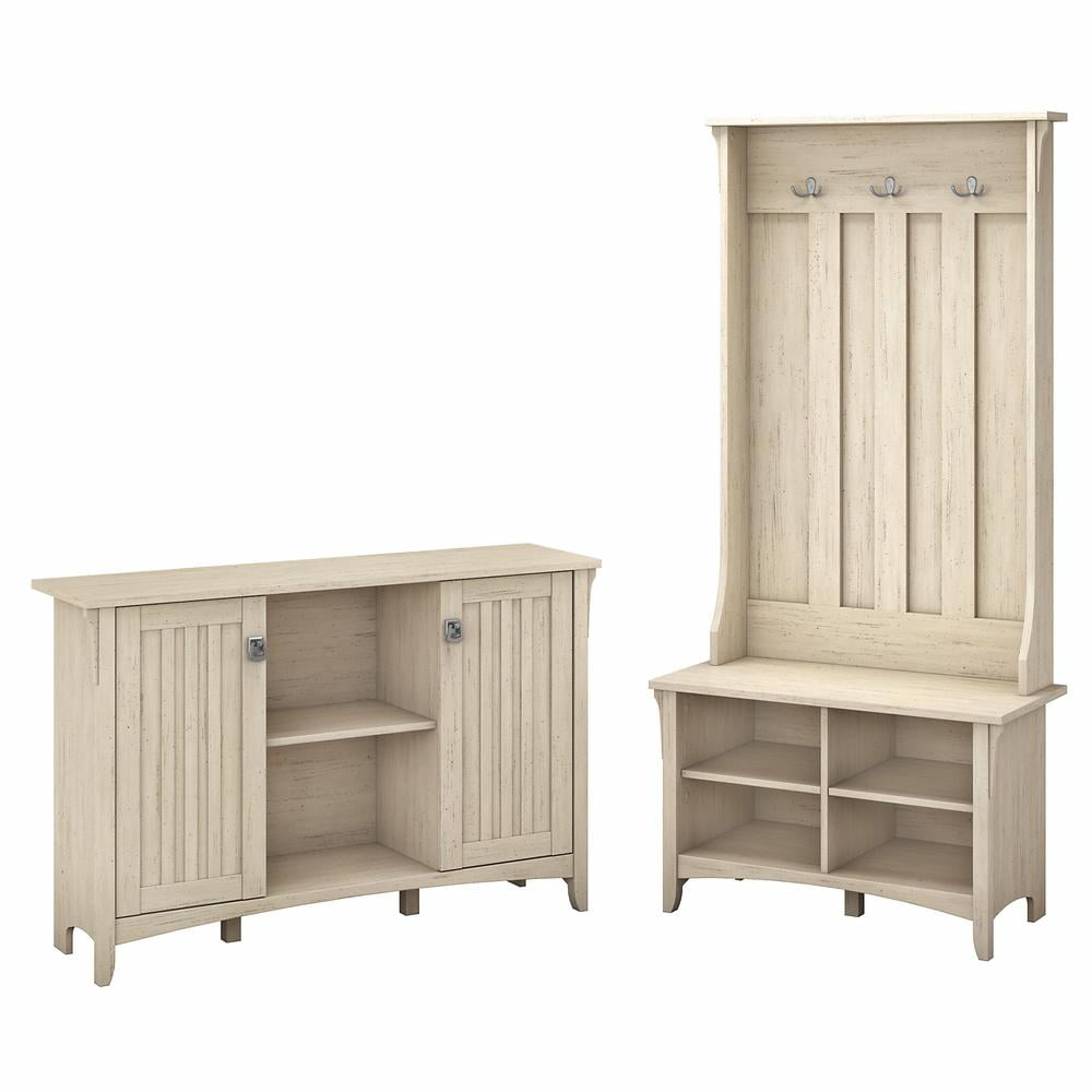 Salinas Hall Tree with Shoe Bench & Cabinets in White/Shiplap