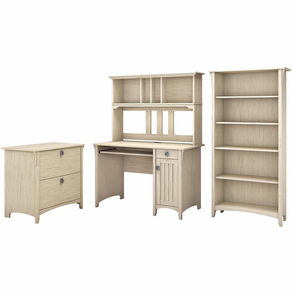 Antique White Mission Desk with Hutch, File Cabinet, and Bookcase