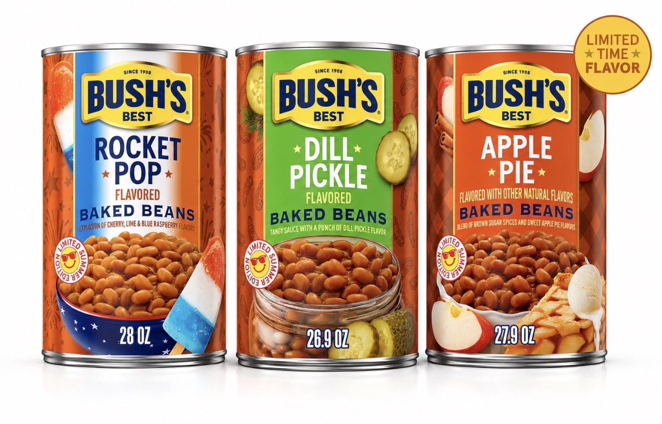 Bush's Best Baked Beans Rocket Pop, Dill Pickle, Apple Pie Flavored 3 Pack 28 Oz, 26.9 Oz, 27.9 Oz