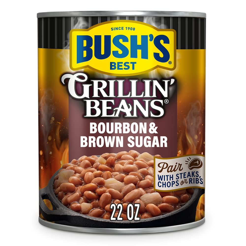 Bush's Canned Bourbon and Brown Sugar Grillin' Beans, Plant-Based Protein, Good Source of Fiber, Vegetarian, Fat Free, Gluten Free, 22 oz