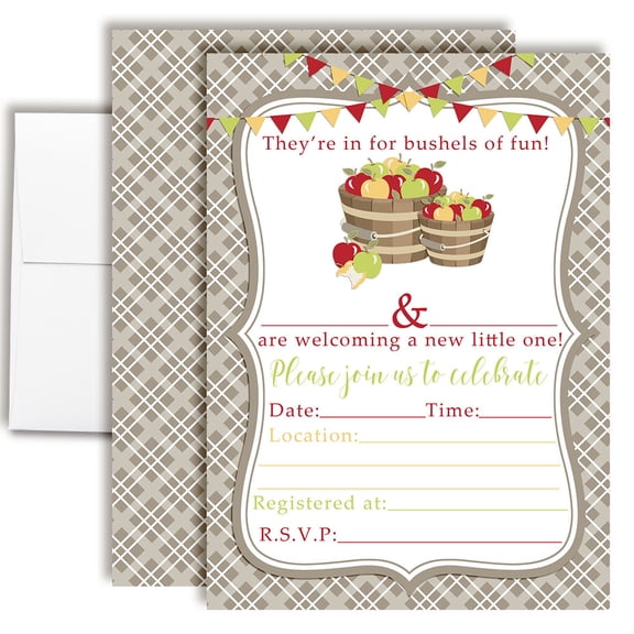 Bushels of Fun Apple Baby Shower Invitations, 20 Fill-In Cards with Envelopes, 5x7 Baby Shower Invites & Supplies, New Baby Celebration Cards, Made in USA by Amanda Creation