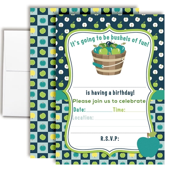Bushels of Fun Apple Birthday Invitations for Boys, 20 Fill-In Cards with Envelopes, 5x7 Children's Party Invitations, Birthday Party Supplies, Made in USA by Amanda Creation