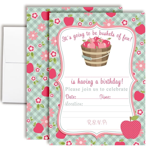 Bushels of Fun Apple Birthday Invitations for Girls, 20 Fill-In Cards with Envelopes, 5x7 Children's Party Invitations, Birthday Party Supplies, Made in USA by Amanda Creation