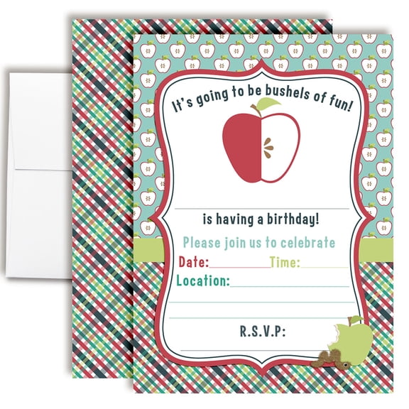 Bushels of Fun Apple Birthday Invitations for Kids, 20 Fill-In Cards with Envelopes, 5x7 Children's Party Invitations, Birthday Party Supplies, Made in USA by Amanda Creation