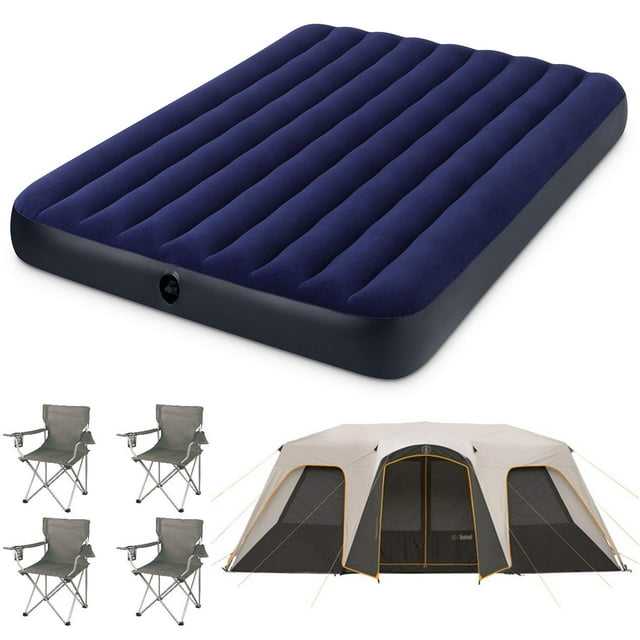 Bushnell 12 Person Instant Cabin Tent with 2 Bonus Queen Airbeds and 4 Chairs Value Bundle