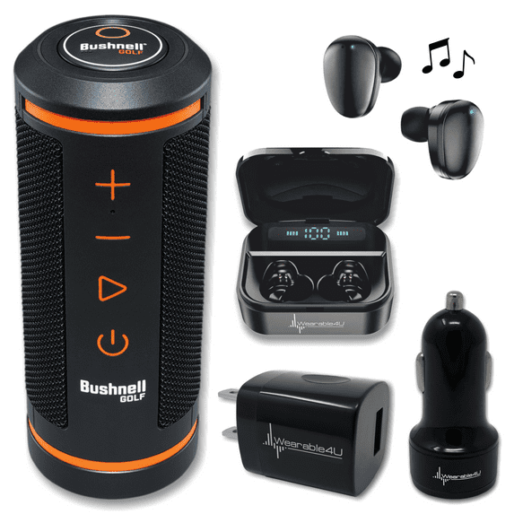 Bushnell Wingman GPS Bluetooth Speaker with Included Wearable4U Ultimate Black EarBuds with Power Bank Case and Wall/Car Chargers Bundle