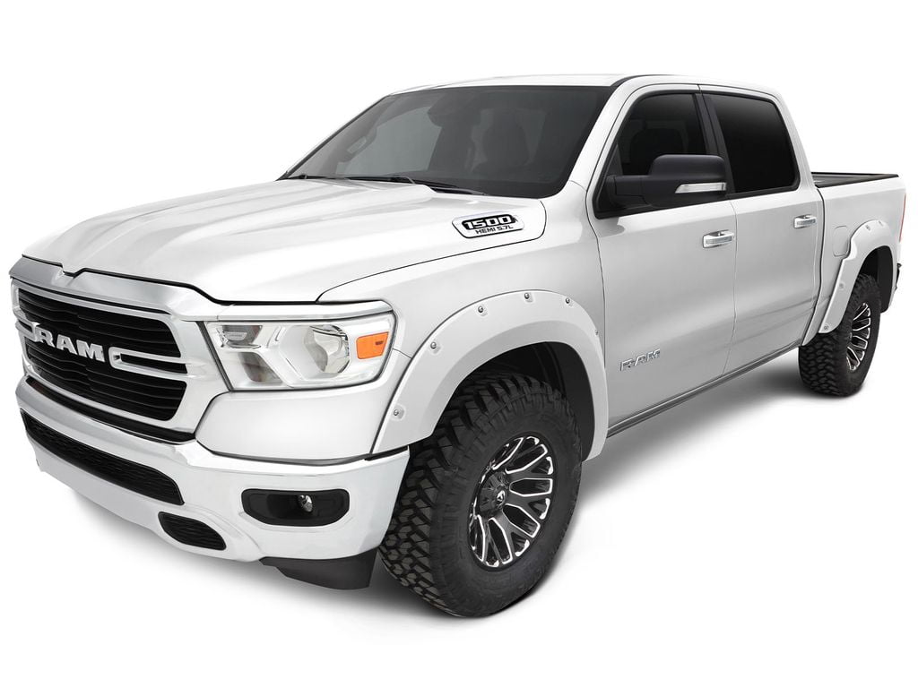 Bushwacker by RealTruck Pocket/Rivet Style Color-Matched Front & Rear Fender Flares | 4-Pc Bright White CC Smooth Compatible with 2016-2018 Ram 1500, Incl Sport; 2020-2022 1500 Classic (No R/T/Rebel)