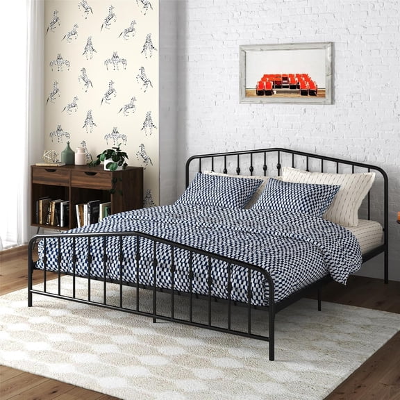 Bushwick Modern Metal Bed, Slightly Triangular Headboard and Footboard with Inset Spindles, Adjustable Base Height for Underbed Storage, Requires No Box Spring, King Size - Black