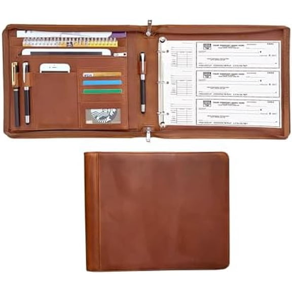 Business 3 Ring Check Binder, Genuine Leather Check Book Portfolio for 3 Holes or 9 Holes Checks, Check Book Binder for 11 1/4"x9", Crazy Horse Leather (Brown, Standard)$$Office