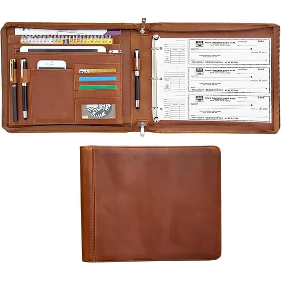 Business 3 Ring Check Binder, Genuine Leather Check Book Portfolio for 3 Holes or 9 Holes Checks, Check Book Binder for 11 1/4"x9", Crazy Horse Leather (Brown)