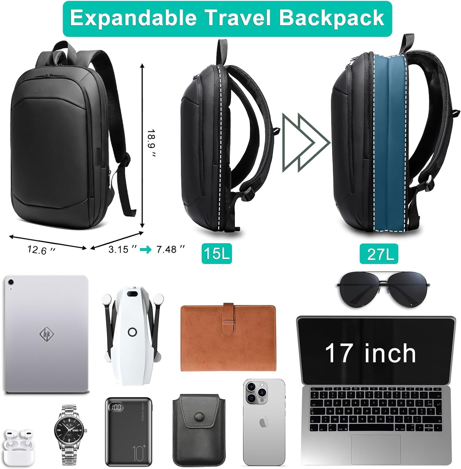 Business Backpack for Men 17 Inch Slim Expandable Waterproof Laptop Bag ...