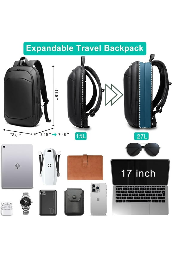 Business Backpack for Men 17 Inch Slim Expandable Waterproof Laptop Bag with USB Port Anti-Theft Lightweight Large Work Computer Bag