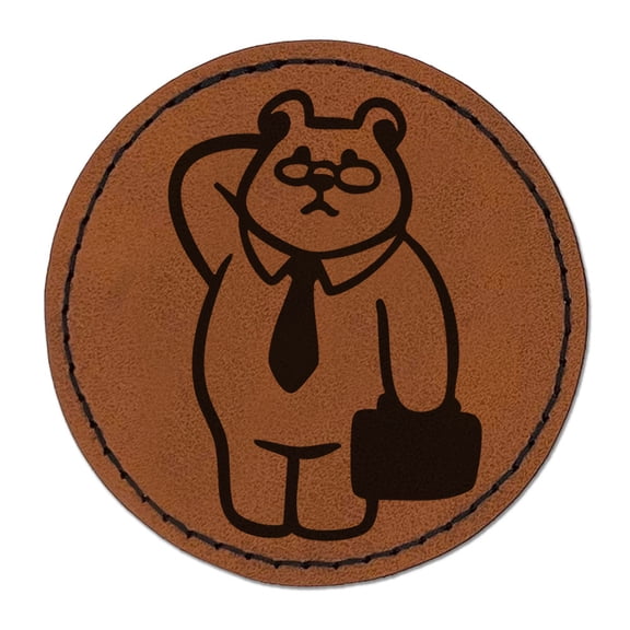 Business Bear Glasses Suitcase Tie Round Iron-On Engraved Faux Leather Patch Applique - 2.5 Inch - Brown