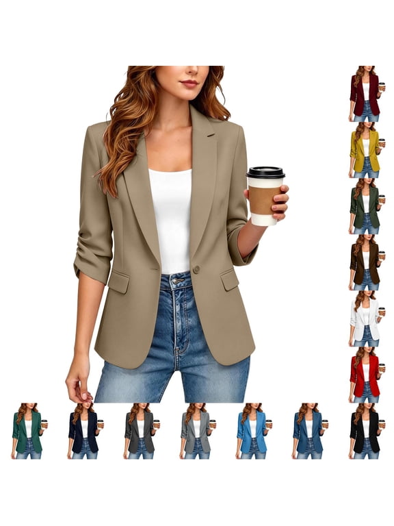 Business Blazer for Women ,3/4 Sleeve Notched Lapel Jacket, Casual Office Outdoor Work Coat with Pocket Blue 2XL