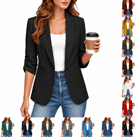 Business Blazer for Women ,3/4 Sleeve Notched Lapel Jacket, Casual Office Outdoor Work Coat with Pocket Brown XL