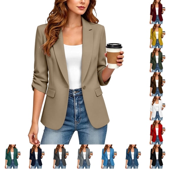 Business Blazer for Women ,3/4 Sleeve Notched Lapel Jacket, Casual Office Outdoor Work Coat with Pocket Khaki M