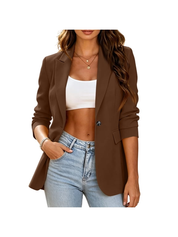 Business Blazer for Women ,Long Sleeve Notched Lapel Solid Color Jacket, Casual Office Outdoor Work Coat with Pockets Brown M