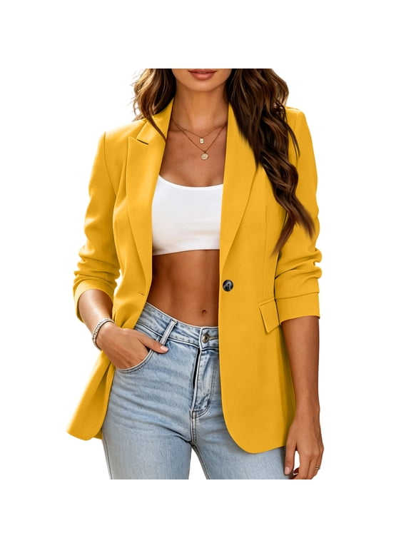 Business Blazer for Women ,Long Sleeve Notched Lapel Solid Color Jacket, Casual Office Outdoor Work Coat with Pockets Yellow 2XL