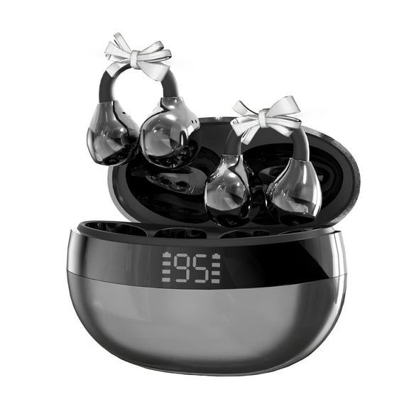 Business Bluetooth 6.0 Open-Ear Earbuds with Detachable Bowknot Crystal Accessories, Jewelry-Inspired Wireless Ear Clip Headphones for Women Men
