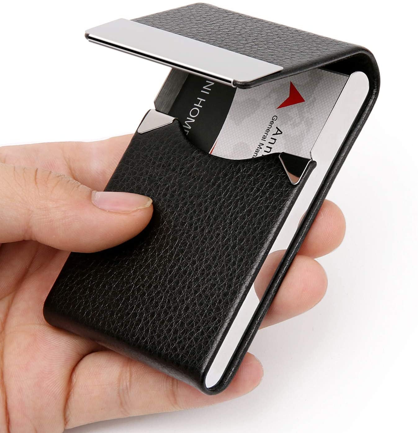 Business Card Holder Case - PU Leather Business Card Case Name Card Holder  Slim Metal Pocket Card Holder with Magnetic Shut, Black 