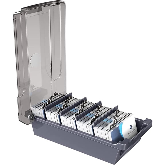Business Card Holder for Desk,Credit Card Holder File, Business Card Holders Box Storage, Capacity: 500 Cards (2.2 x 3.5), 4 Divider Boards & A-Z Tabs, Gray