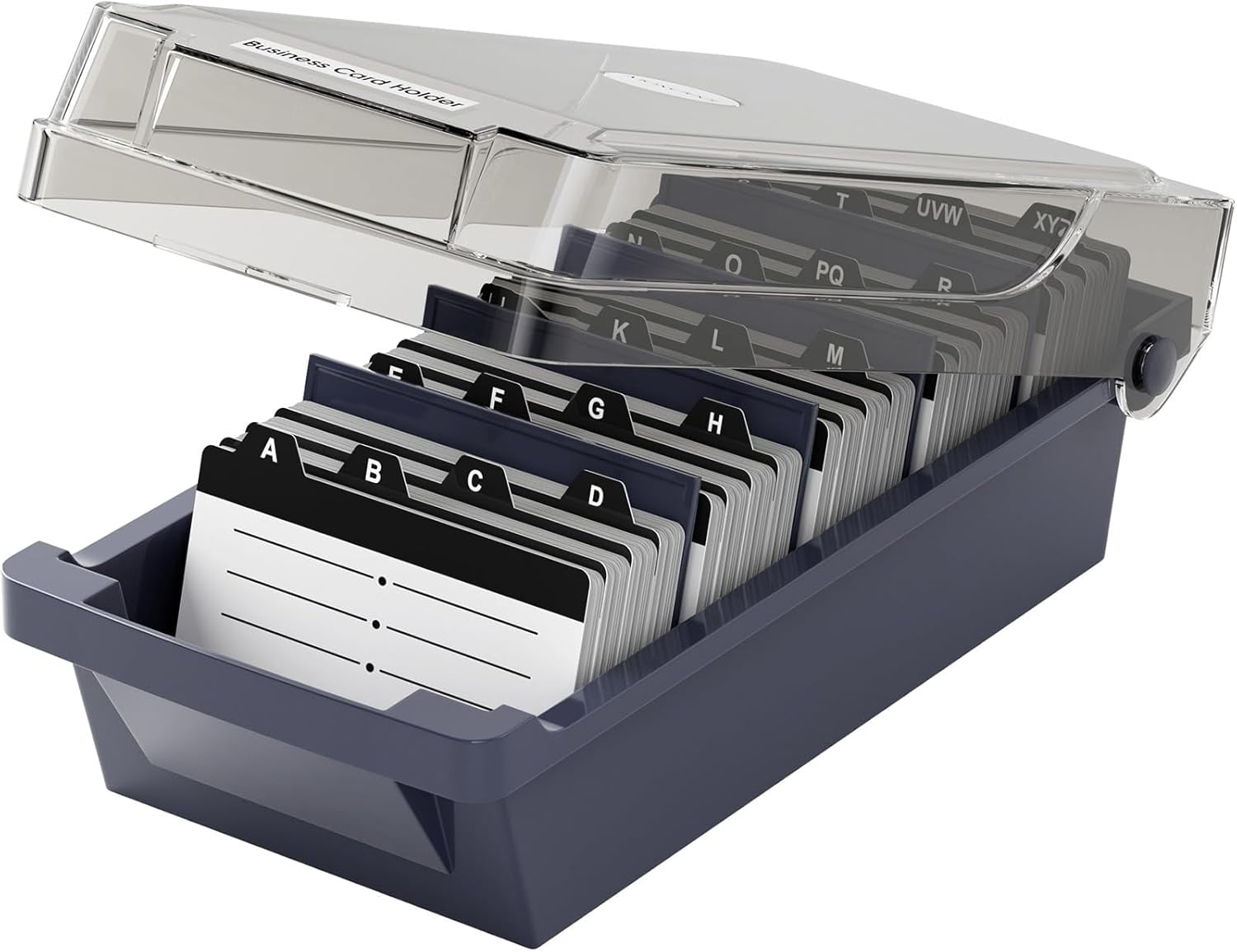 Business Card Holder Desk, Large Plastic Business Card Organizer Box with Lid, Credit Cards Holder File Storage Case for Office & Home, Holds 500 3.5” x 2.2” Cards with A-Z Index Tabs, Gray